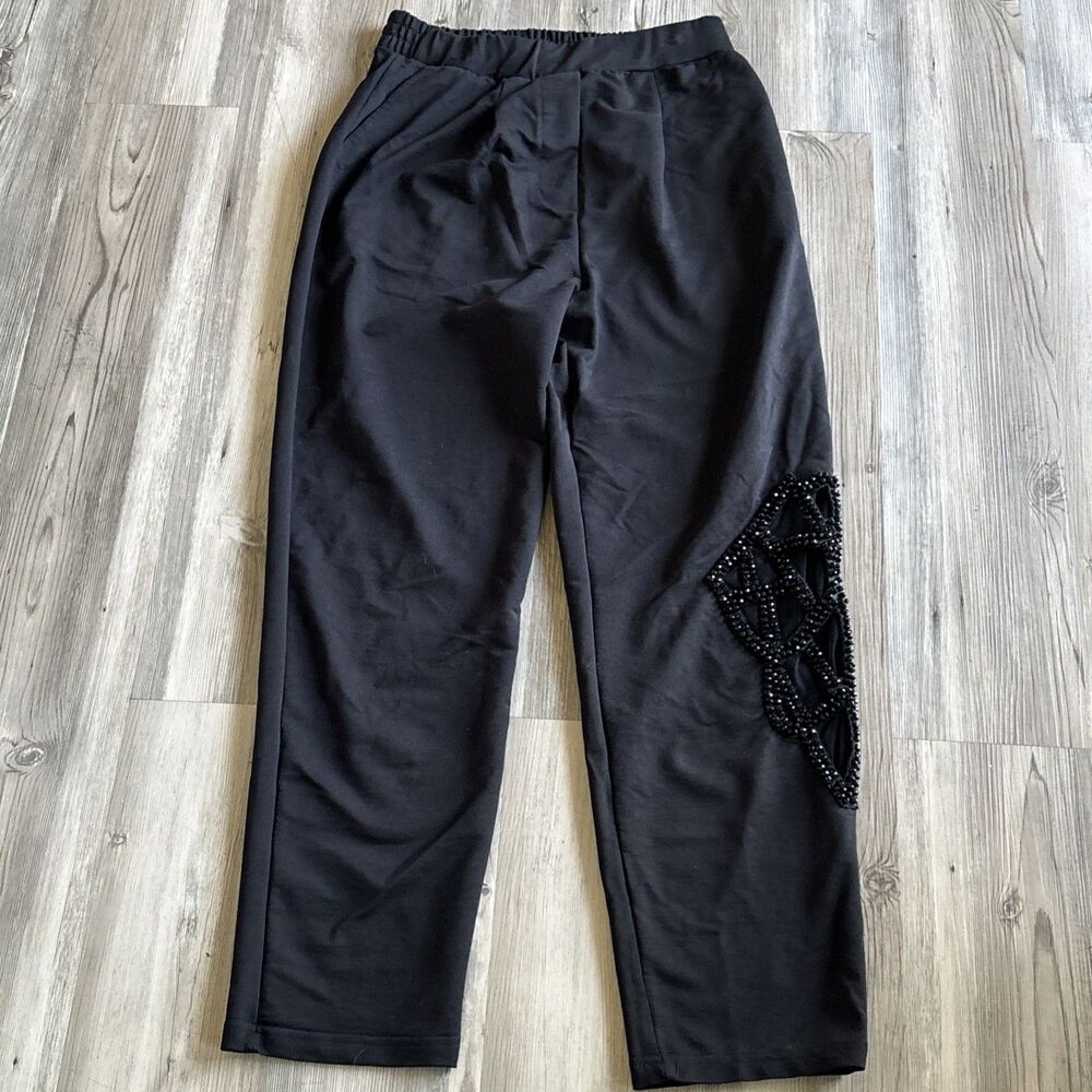 DQMANE Unique Rare Jeweled Mesh Black Pull On Elastic Waist Pants Size Medium